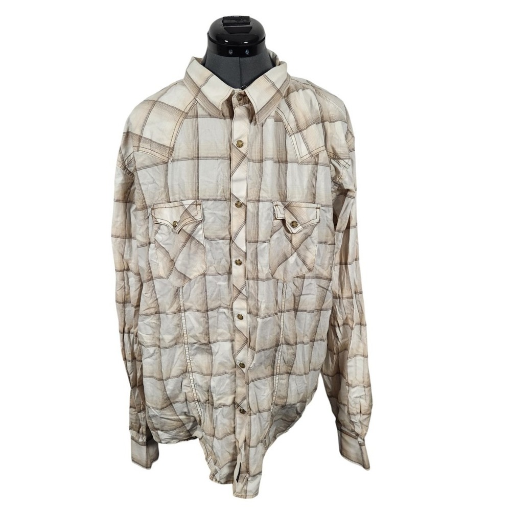 Wrangler Retro Mens XXL Premium Western Shirt Tan Plaid Pearl Snap Long Sleeve